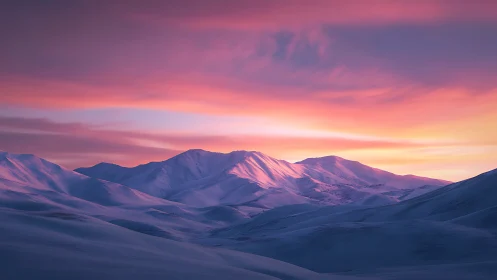 Serene snowy mountains glow softly beneath a pastel sunrise
