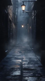 Narrow wet alleyway extends into fog under gas lamps