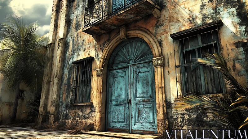Sun-faded turquoise doorway guarding a forgotten villa.