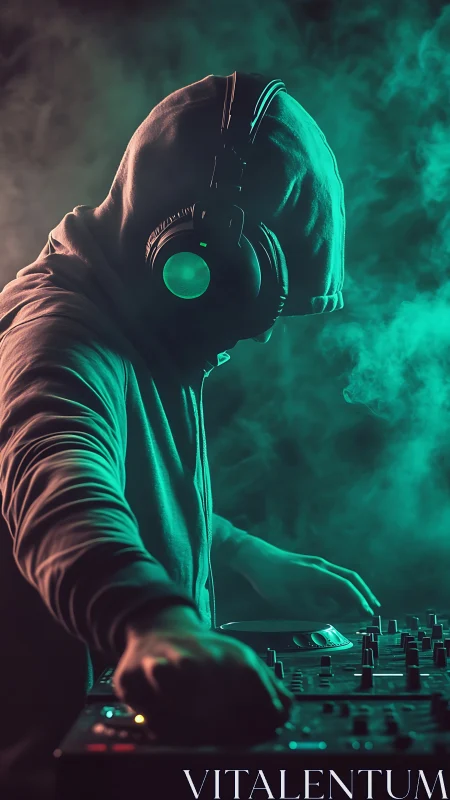 Hooded DJ in neon haze sculpting late night soundscapes.