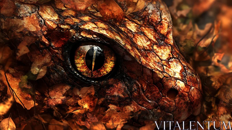 Dragon eye glows through autumn leaf camouflage.