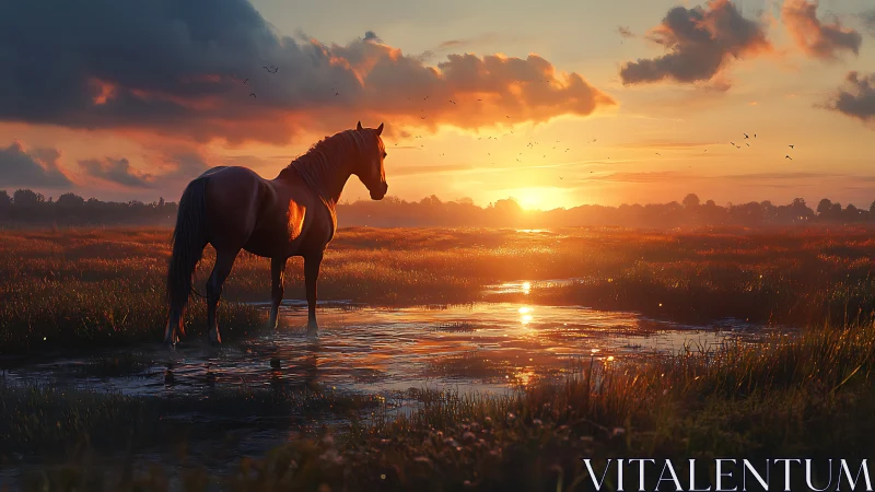 Gentle horse standing in glowing marshland sunset light.