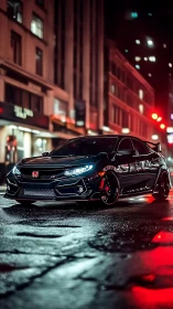 Night-urban photoreal portrait of black tuner hatchback coupe.