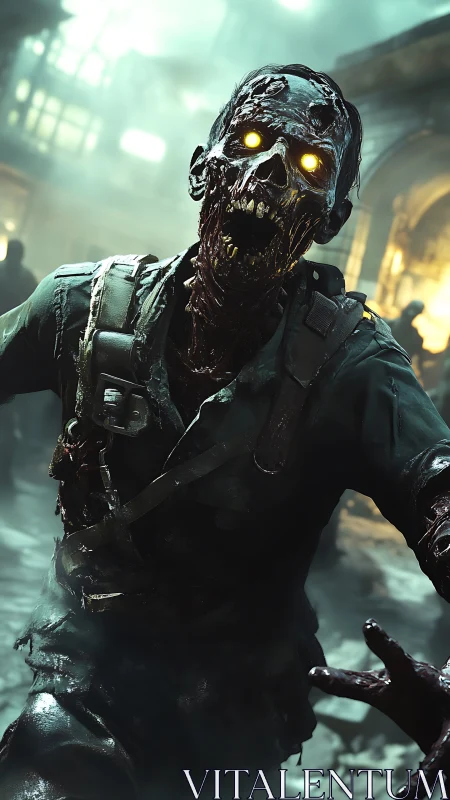 Glowing eyed zombie lunges forward in a ruined city street
