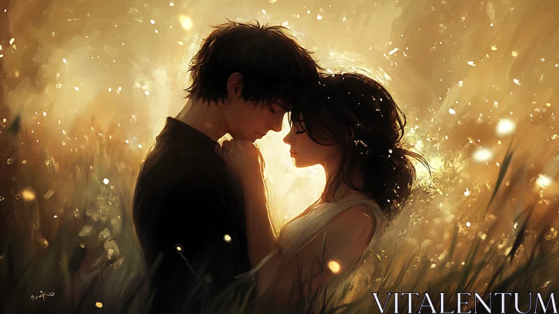 Two figures embrace amid golden light and falling particles.
