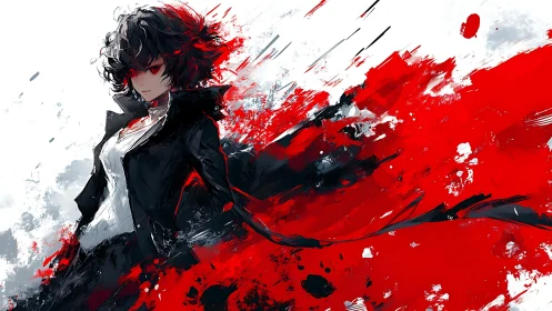 Storm of crimson energy swirls around a resolute heroine