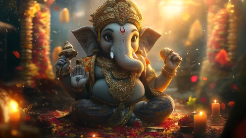 Gentle Ganesha in golden light offering calm and blessings.