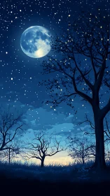 Moonlit Reverie: Silhouetted Trees Dance Beneath Stars.
