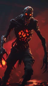 Burning skeletal horror advances through molten red gloom