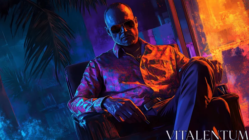 Man in chair under neon lighting with tropical backdrop.