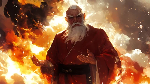 Elder fire mage with white beard commanding surrounding flames.