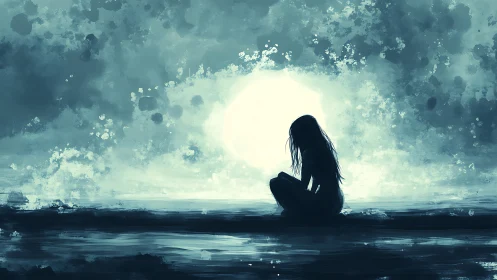 Silhouette of seated figure by water under large moon.