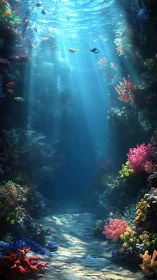 Sunlit coral canyon reveals a tranquil underwater pathway
