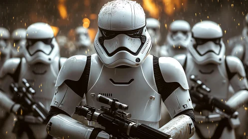 Armored sci fi soldiers stand in formation under falling sparks