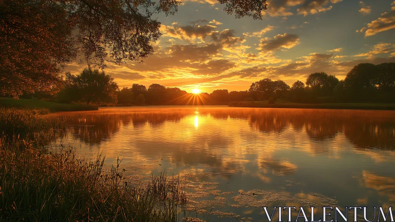 Golden sunset illuminates calm lake with mirrored clouds