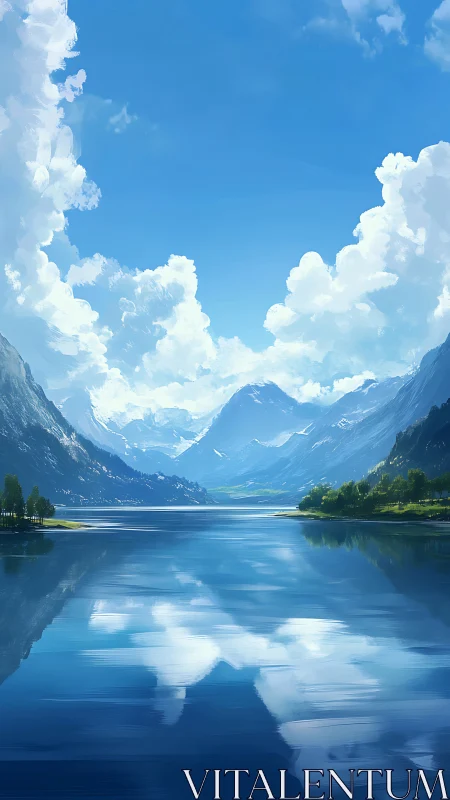 Mountain lake reflects bright cumulus clouds and blue sky