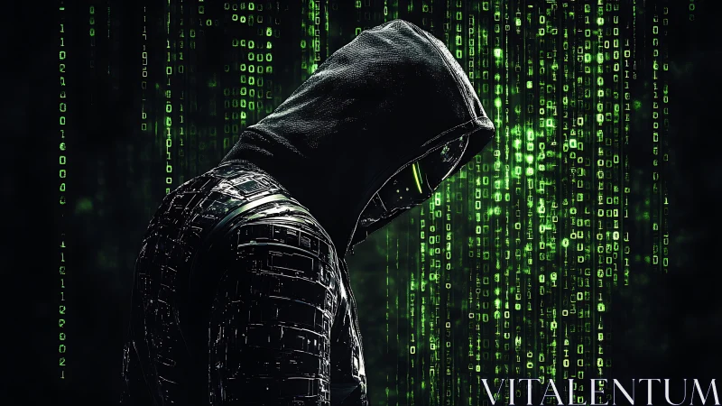 Hooded cyber phantom drifting through neon code rain.