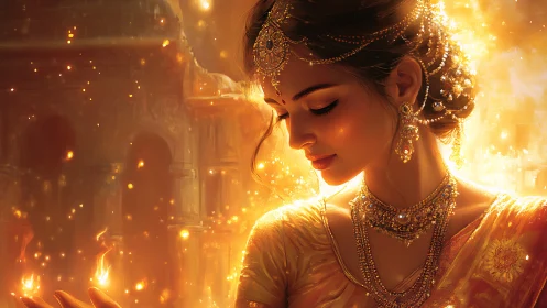 Golden-lit woman in jeweled sari stands amid floating embers