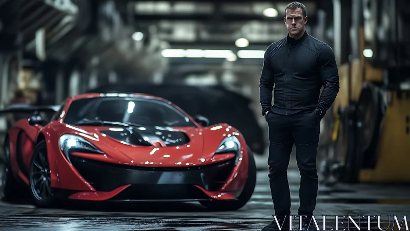 Red hypercar and stoic driver in moody industrial garage.