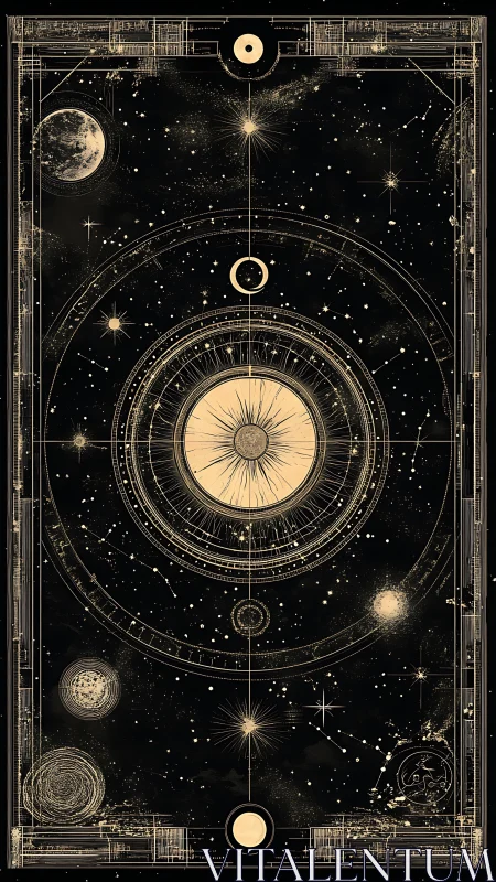 Celestial orrery diagram with concentric golden orbital rings.