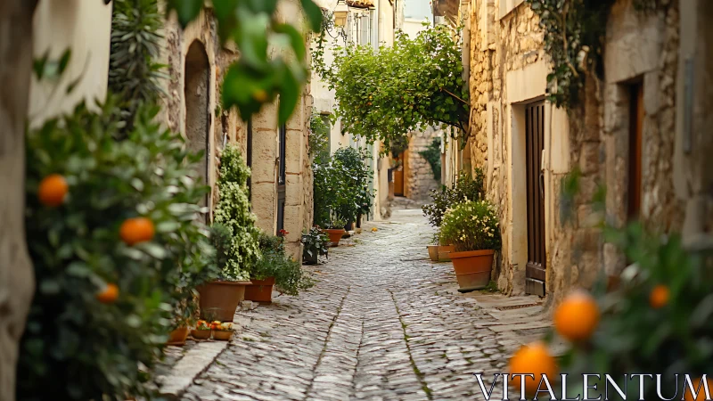 Sunlit stone alley with citrus trees and cobbled path.
