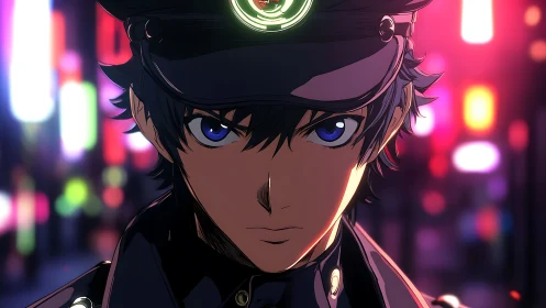 Neon backlit anime officer with high contrast rim lighting and bokeh