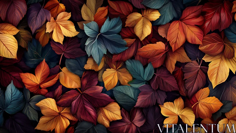 Layered autumn leaves in dense multicolor digital pattern.
