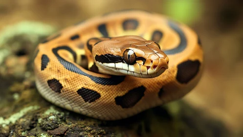 Photorealistic coiled python portrait with shallow focus rendering.