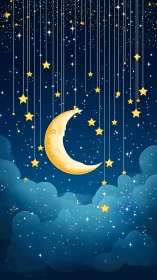 Dreamy crescent moon and hanging stars in a soft night sky.