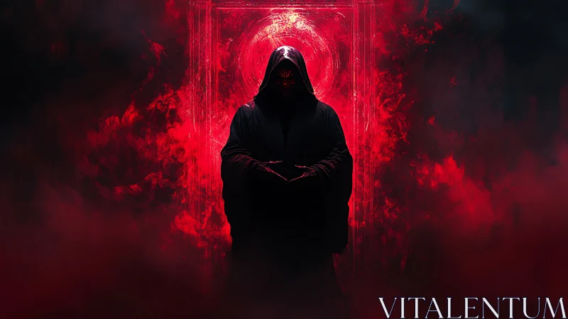 Hooded dark figure framed by glowing red infernal portal.