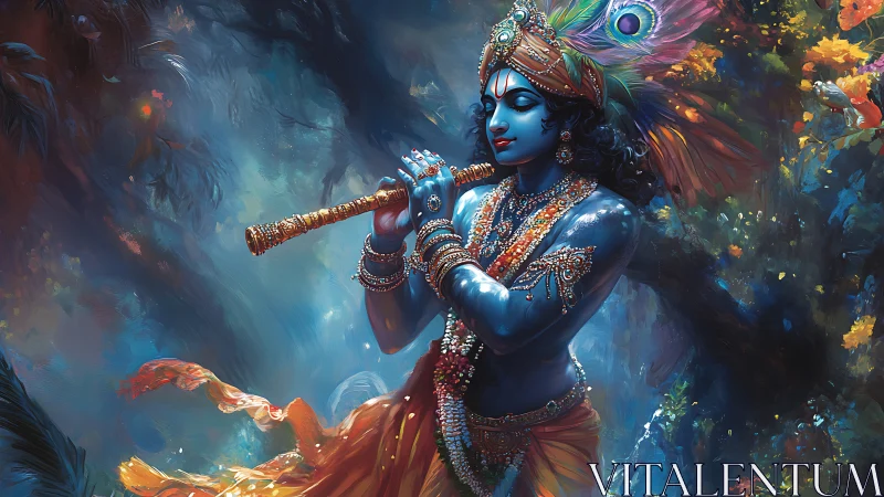 Radiant blue flute player glows in a lush mystical forest