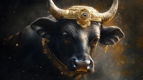 Regal black bull with ornate golden crown in dark smoke.
