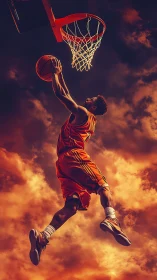 Basketball player executing dunk against dramatic sky backdrop.