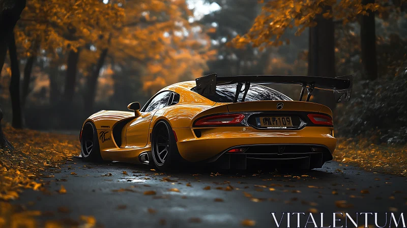 Yellow sports coupe on wet forest road in autumn foliage.
