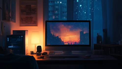 Twilight coder’s desk glowing between city lights and stars.