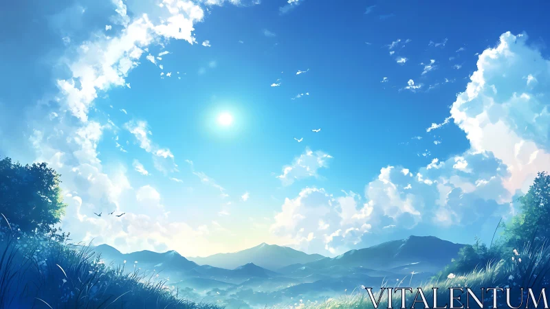 Sun-drunk meadow gazes toward cloud-bright mountain horizons.