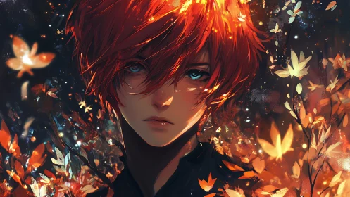 Red haired youth stares ahead amid glowing butterflies