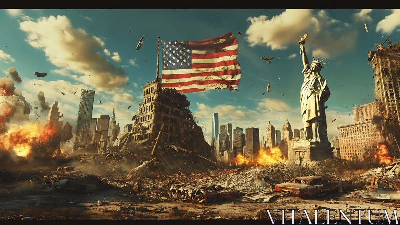 Post-apocalyptic New York skyline with ruined patriotic monuments.