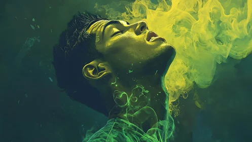 Man in profile engulfed in swirling neon green smoke.