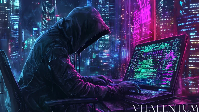 Neon-drenched cyber phantom stitches secrets into city light