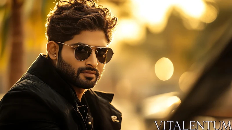 Man wearing sunglasses sits outdoors in warm backlighting