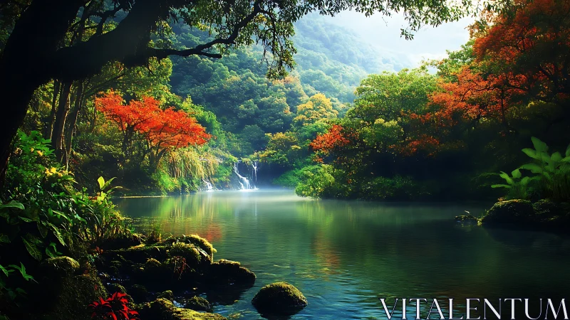 Emerald forest lake embraces cascading waterfall light