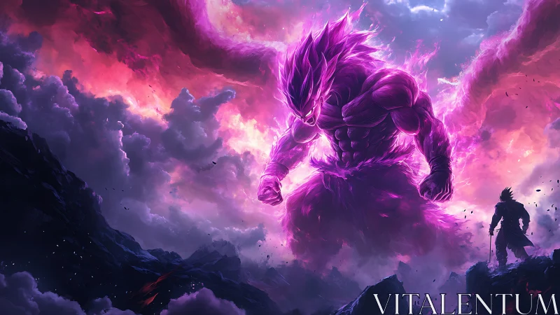 Colossal purple energy figure confronts lone warrior figure