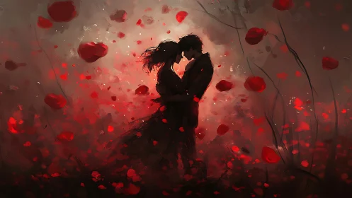Silhouetted Lovers Kiss Amid Swirling Red Petals.