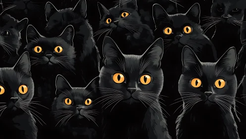 Black Cats with Golden Eyes Staring into the Night.