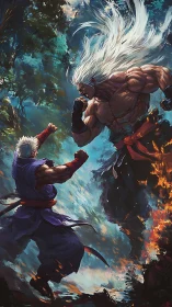 Stormheart duel between forest warrior and raging titan.