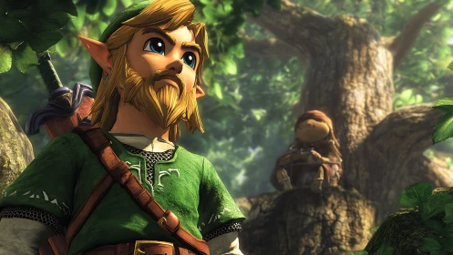 Heroic elf warrior stands vigilant beneath an ancient tree canopy