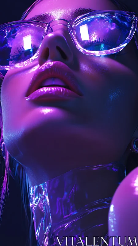 Close-up digital portrait uses neon lighting on reflective face