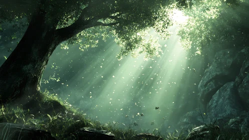 Volumetric sunbeams penetrating dense forest canopy plane.