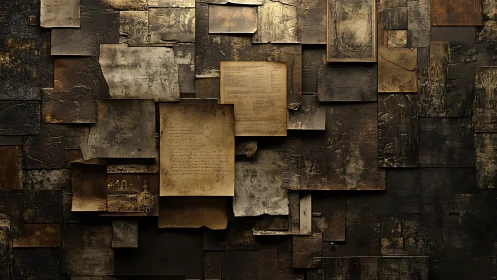 Aged manuscript collage on distressed metallic archival panels